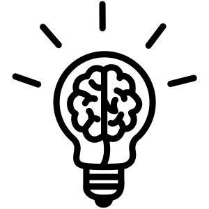 A black outline of a light bulb with a brain inside it and lines radiating outward, symbolizing ideas or creativity.